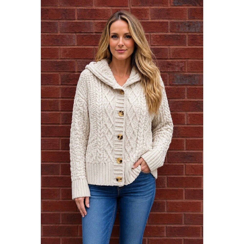Bobeau XL Cream Cable Knit Hooded Cardigan Sweater Button Front Cozy Boho